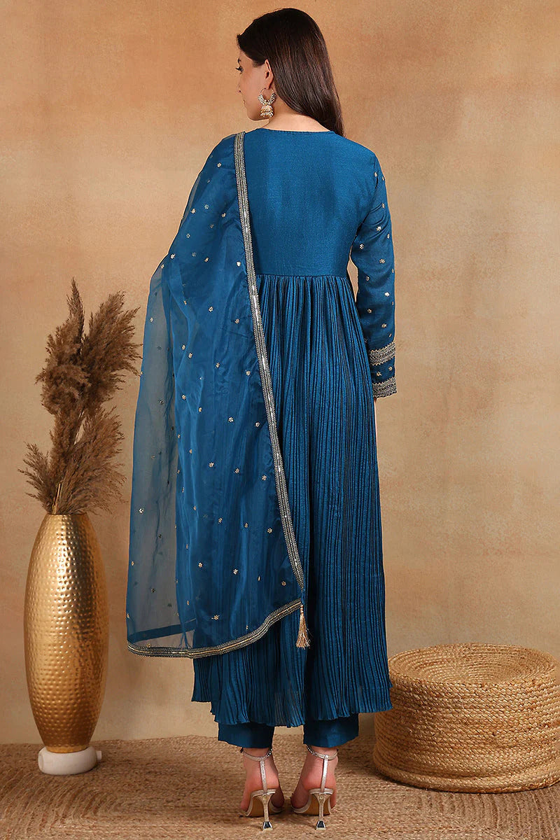 Blue Silk Blend Solid Embroidered Flared Style Suit Set