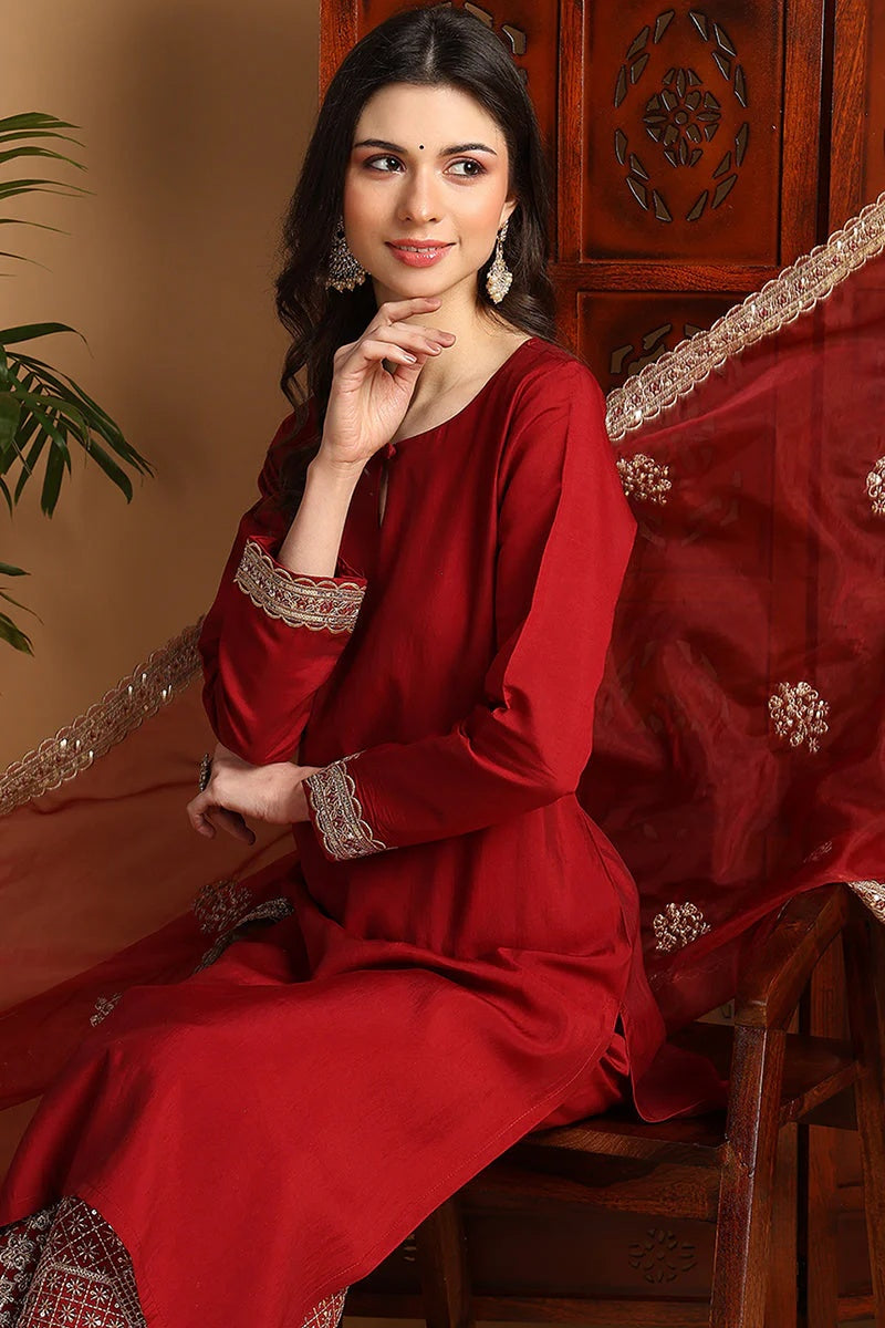 Maroon Silk Blend Solid Embroidered Straight Suit Set