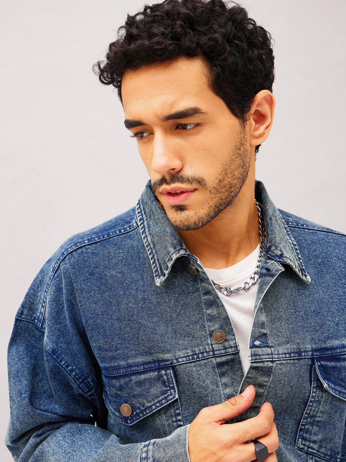 Men Blue Washed Relax Fit Denim Jacket