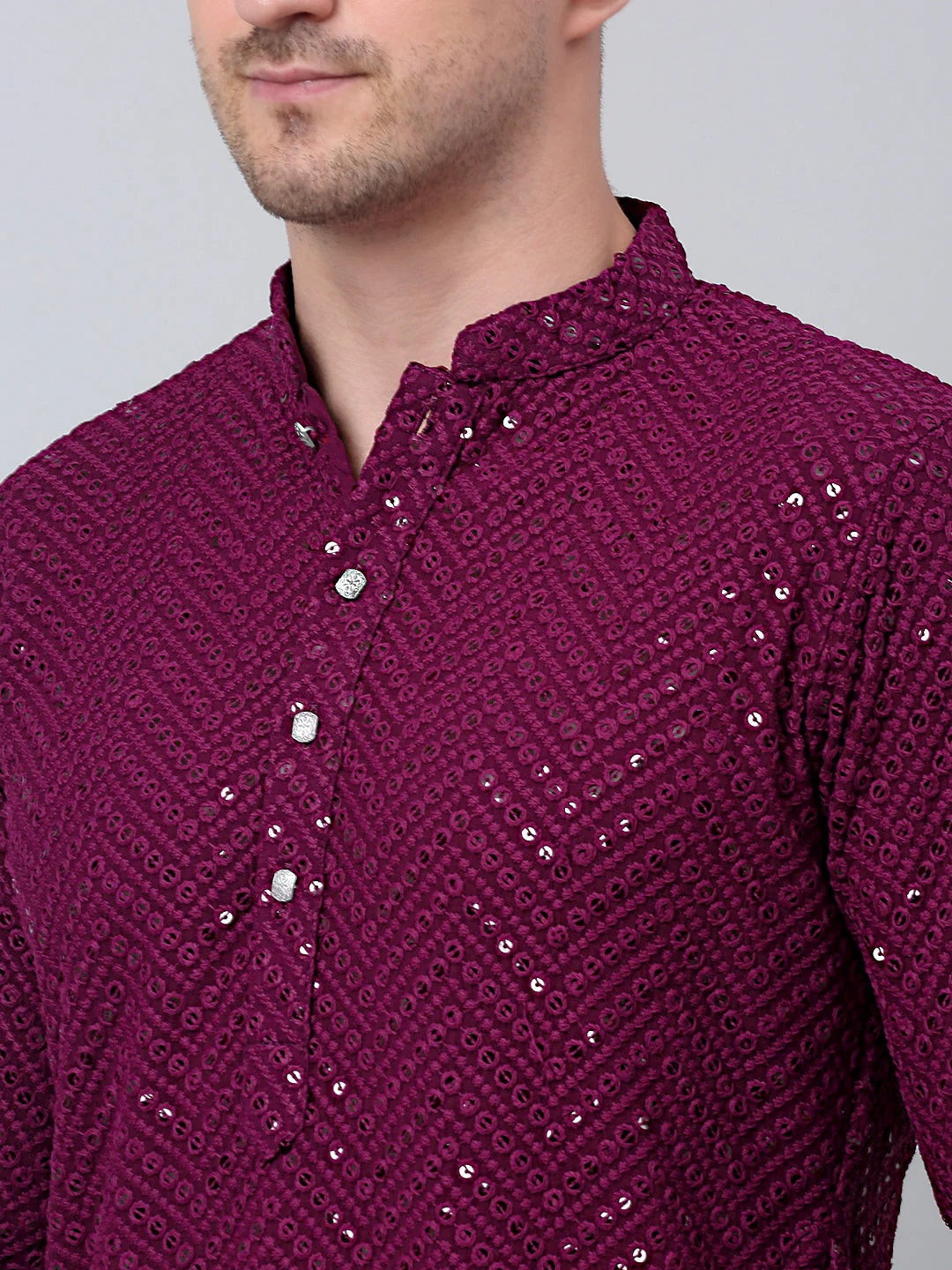 Men Purple Embroidered Sequinned Kurta With Churidar