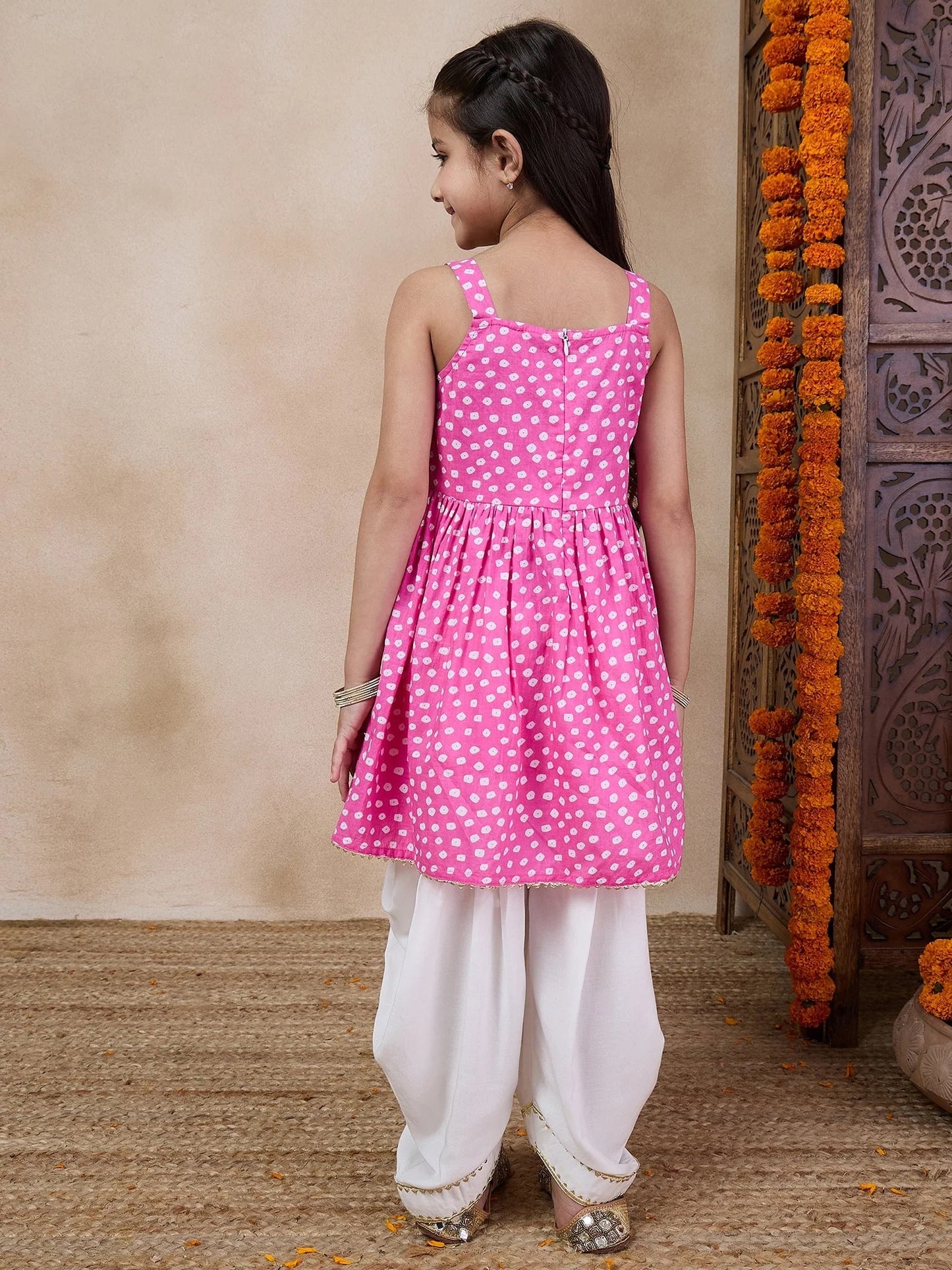 Girls Bandhani Printed Shoulder Straps Gotta Patti A-Line Kurta With Dhoti Pants