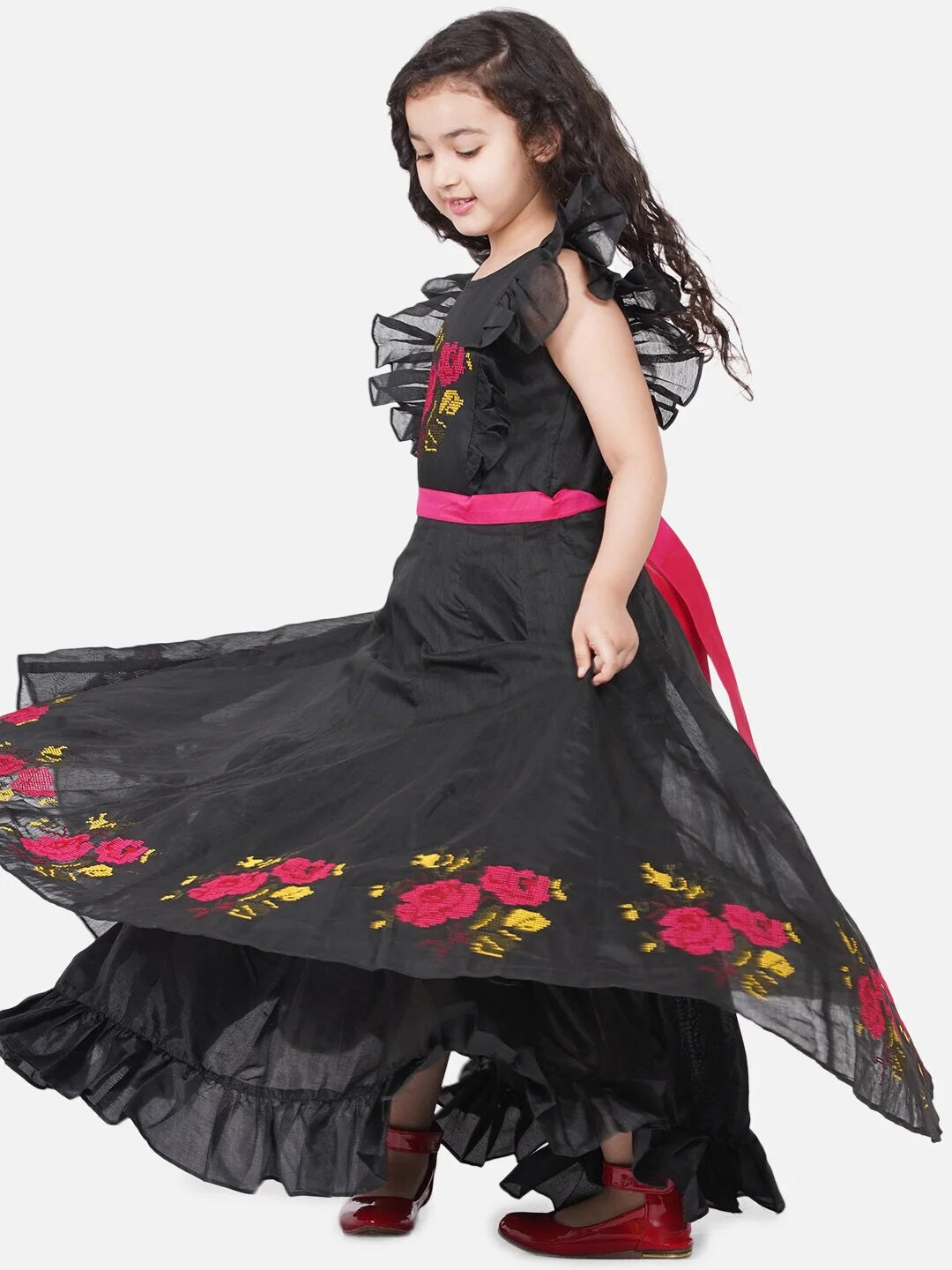 Girls Black Embroidered Flutter Sleeves Maxi Dress