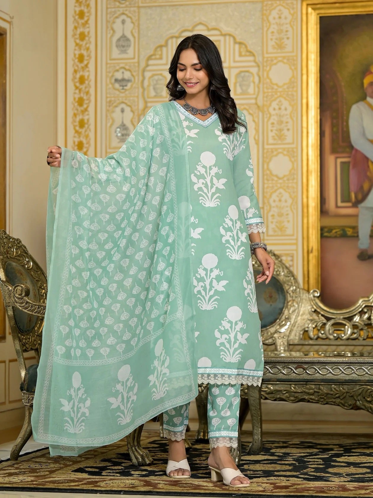 Women Party Wear Flower Printed Kurta With Pant And Dupatta Set (Pista Green)