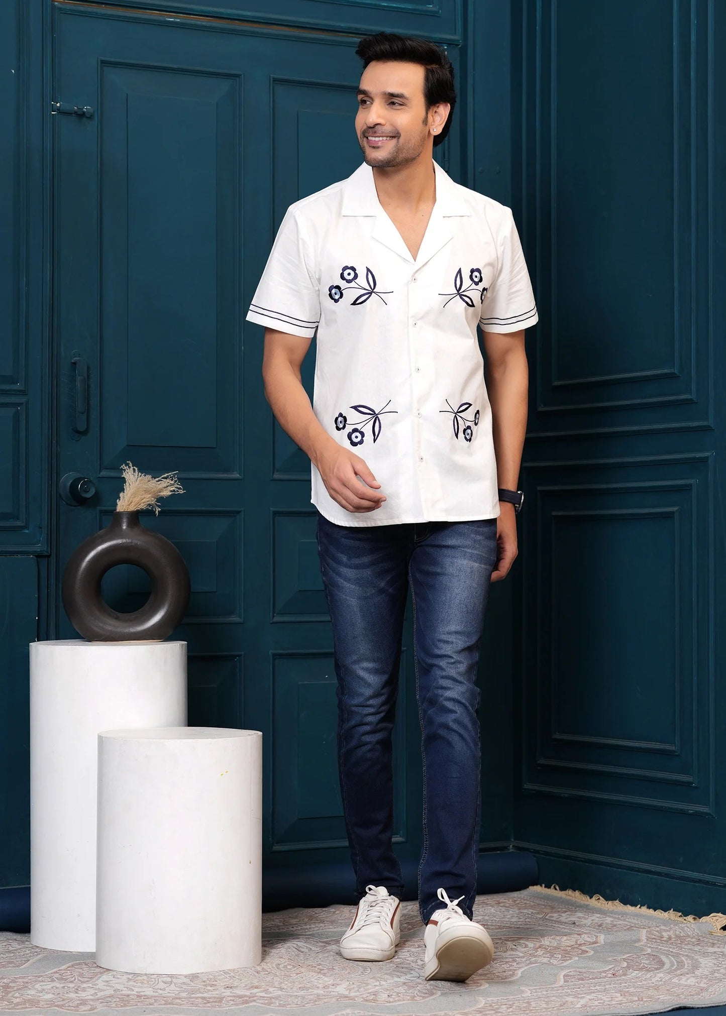 Men White Beach Pattern Embroidered Cotton Half Sleeves Shirt