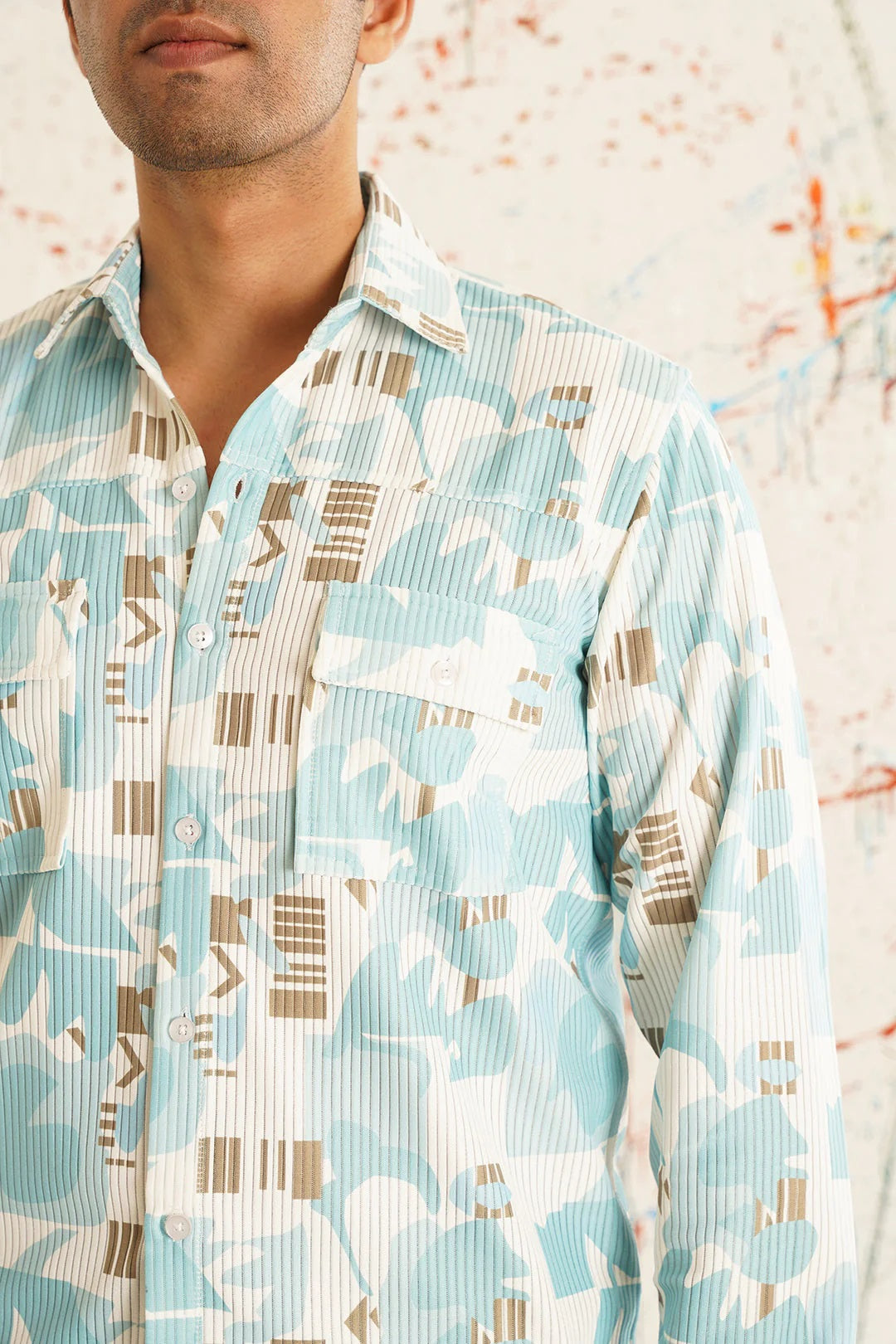 Sky Blue Printed Spread Collar Cotton Curved Casual Shirt