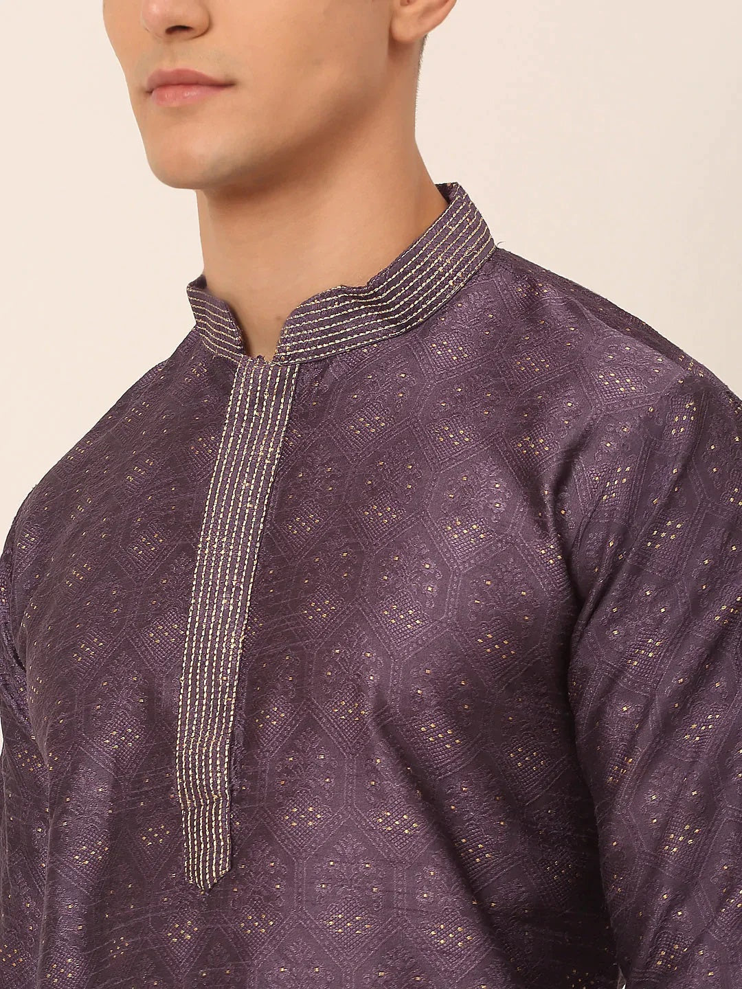 Men'S Silk Blend Collar Embroidered Kurta Only