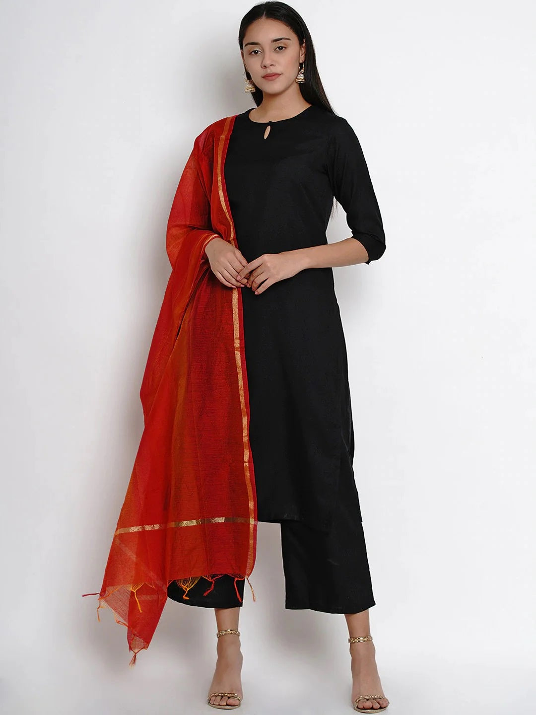 Women's Black & Red Solid Kurta With Palazzos & Dupatta