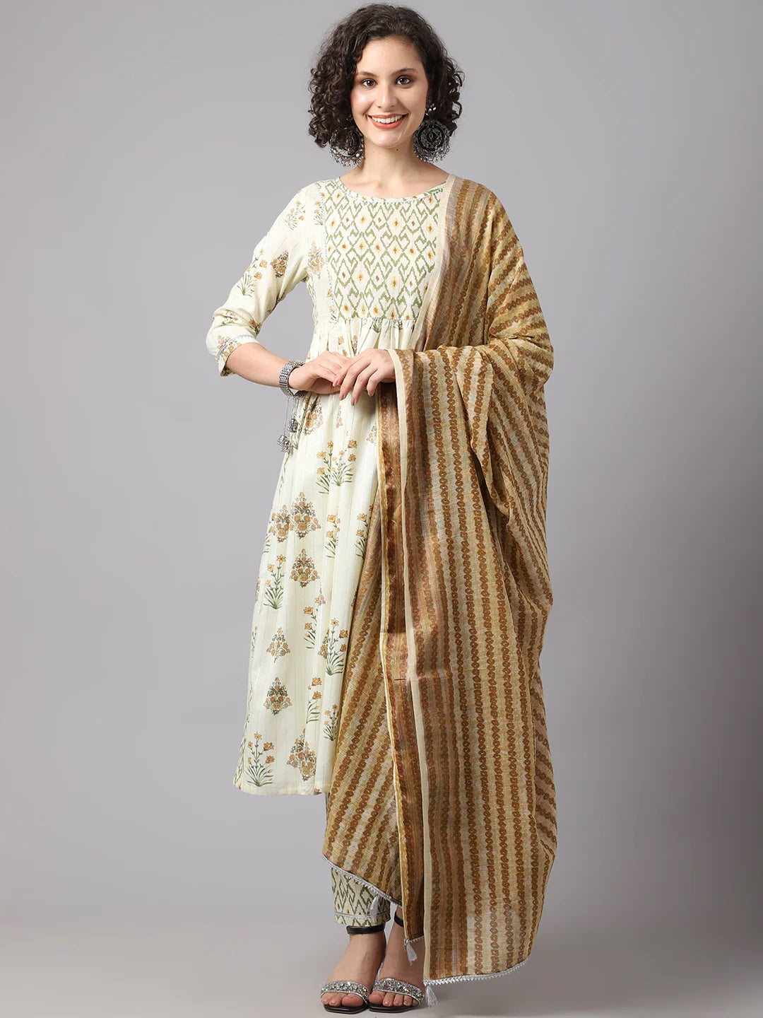 Women Lemon and brown floral print kurta set