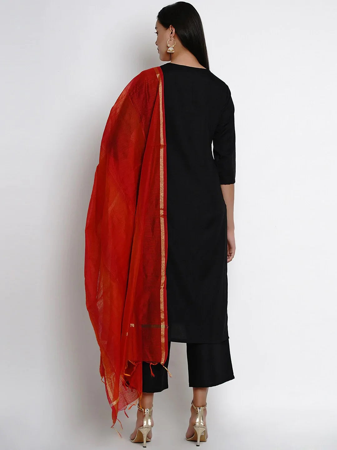 Women's Black & Red Solid Kurta With Palazzos & Dupatta