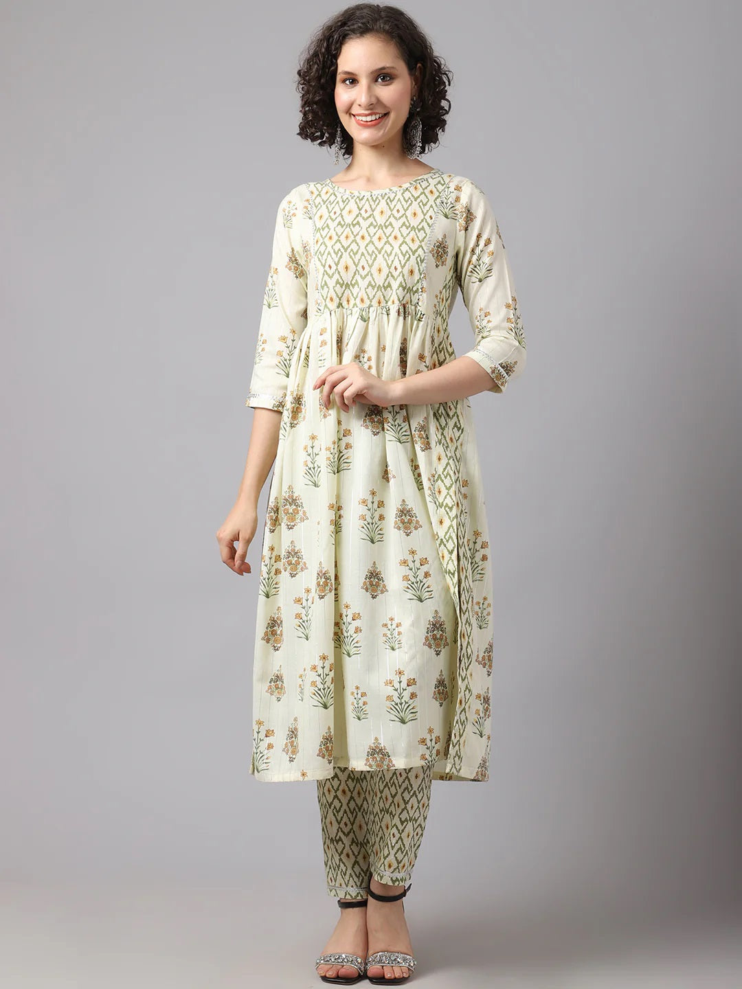 Women Lemon and brown floral print kurta set