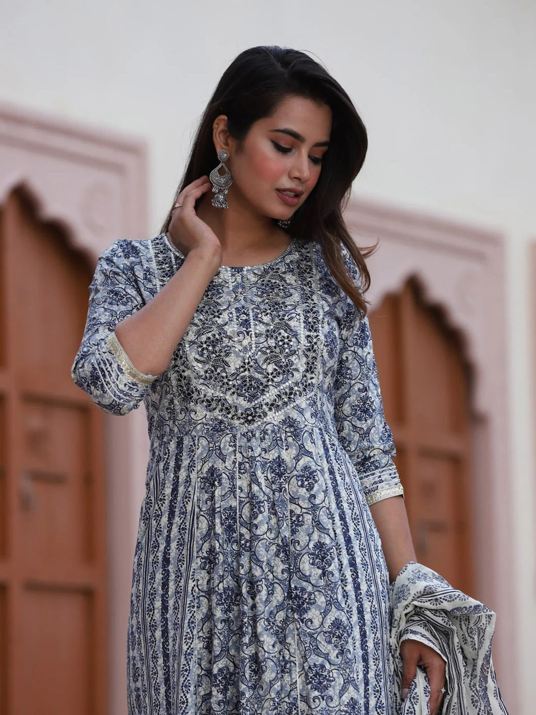 Floral Printed Flared Kurta With Palazzos & Dupatta