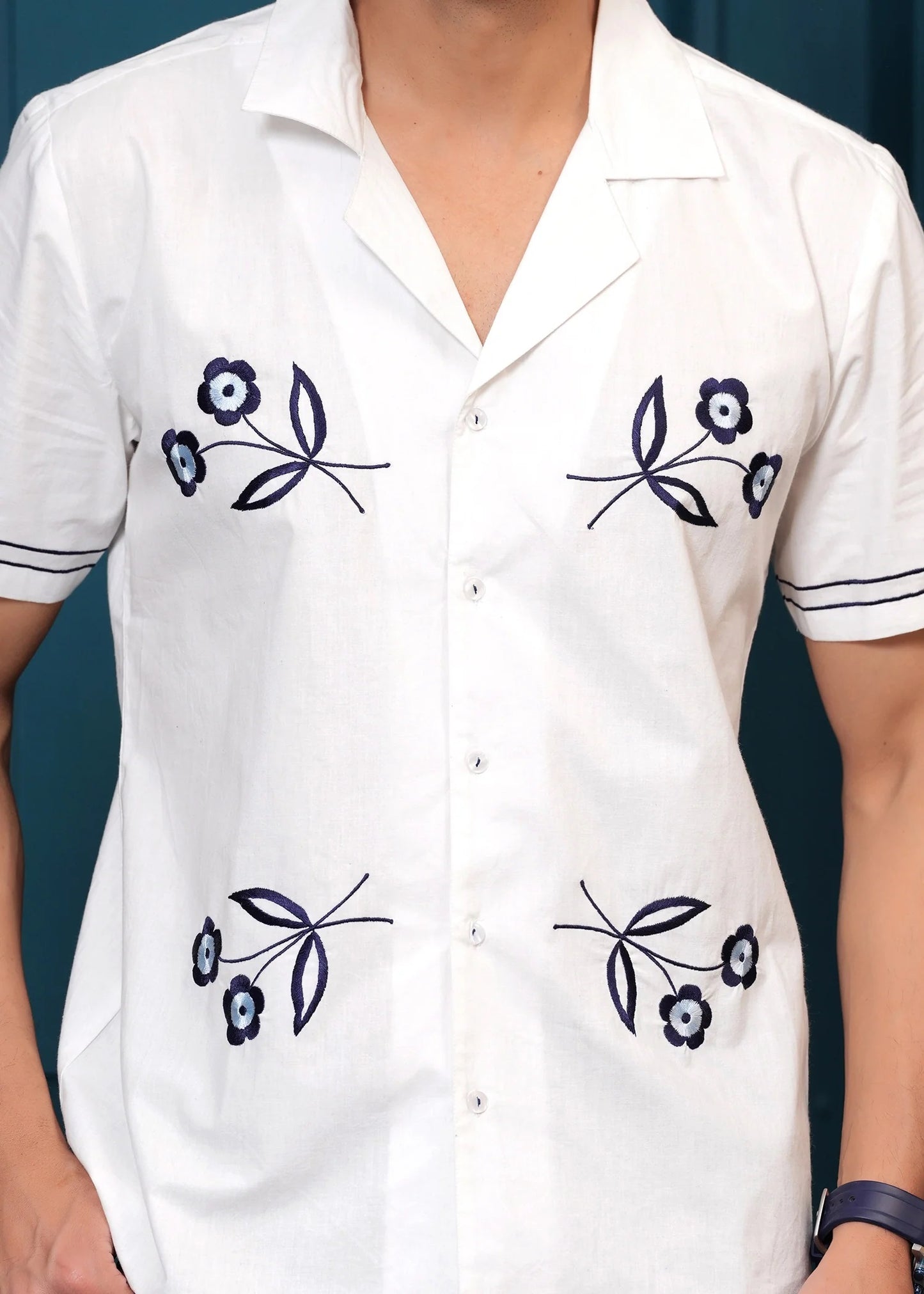 Men White Beach Pattern Embroidered Cotton Half Sleeves Shirt