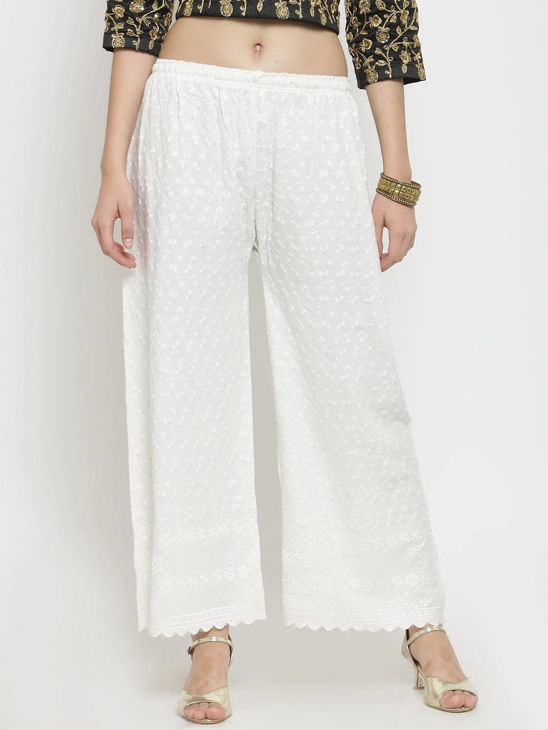 Women's Off-White Full Chikankari Rayon Palazzo