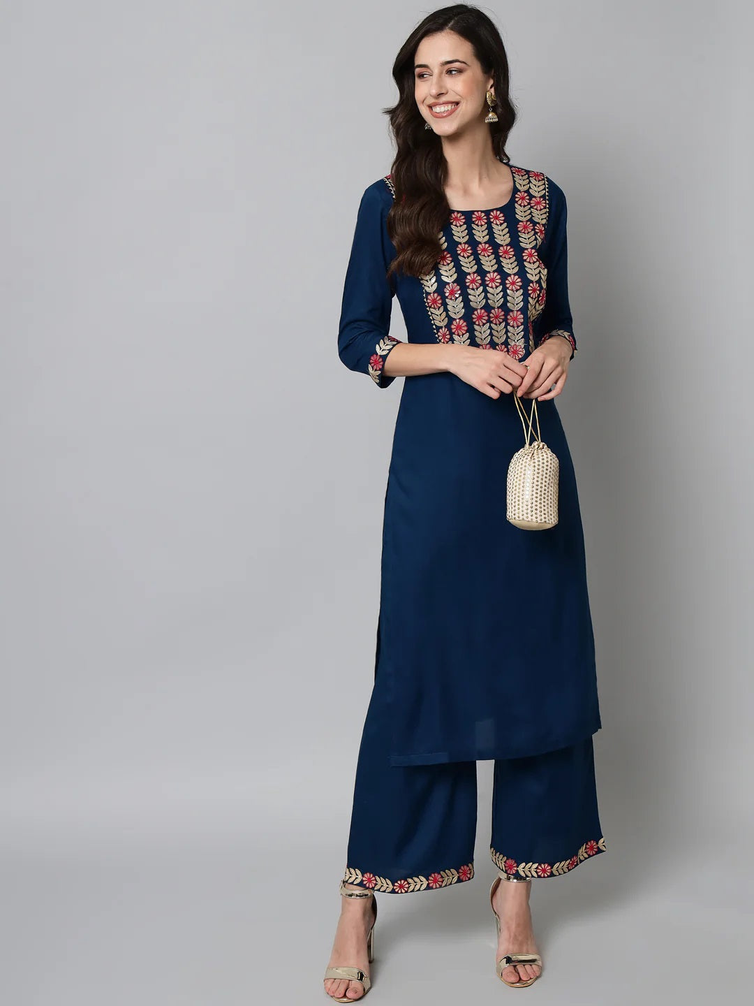 Women Embroidered Teal Kurta Palazzo Set