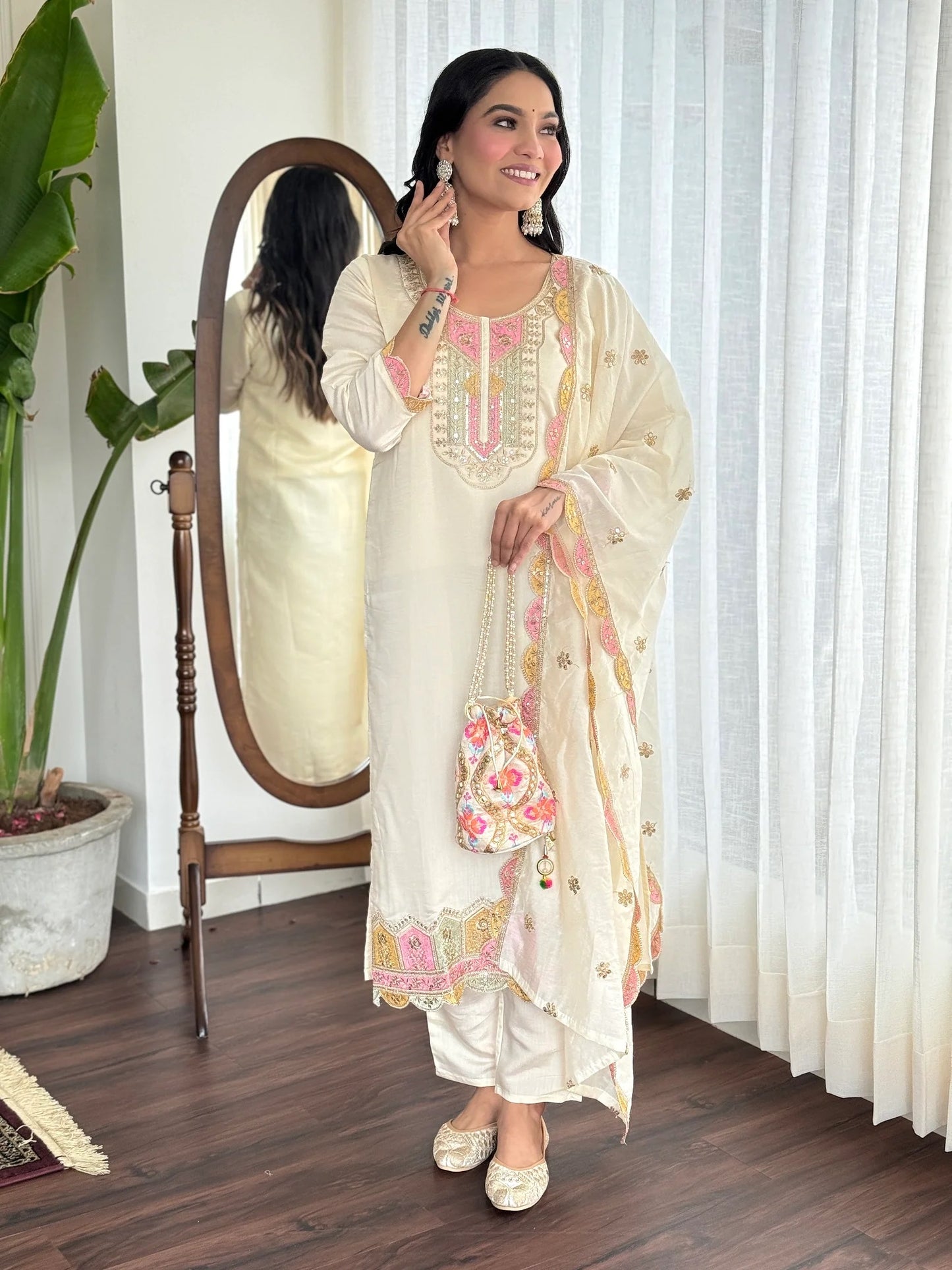 Women Party Wear Embroidery Worked Kurta With Pant And Dupatta Set (Off White)