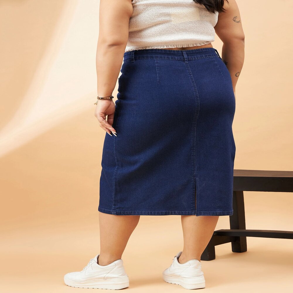 Women Navy Denim Acid Wash A-Line Skirt