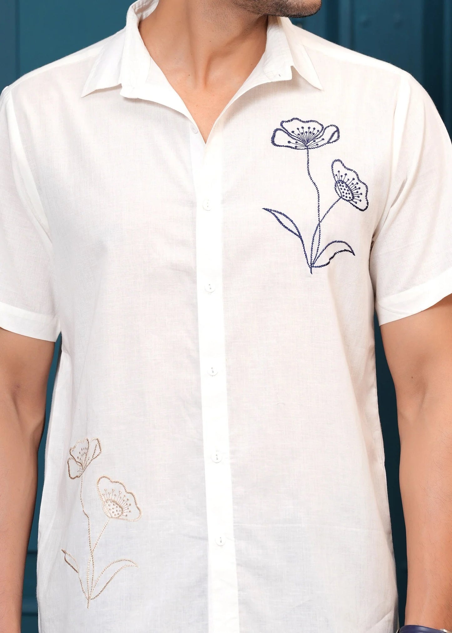 Men White And Mustard Camel Embroidered Cotton Half Sleeves Shirt