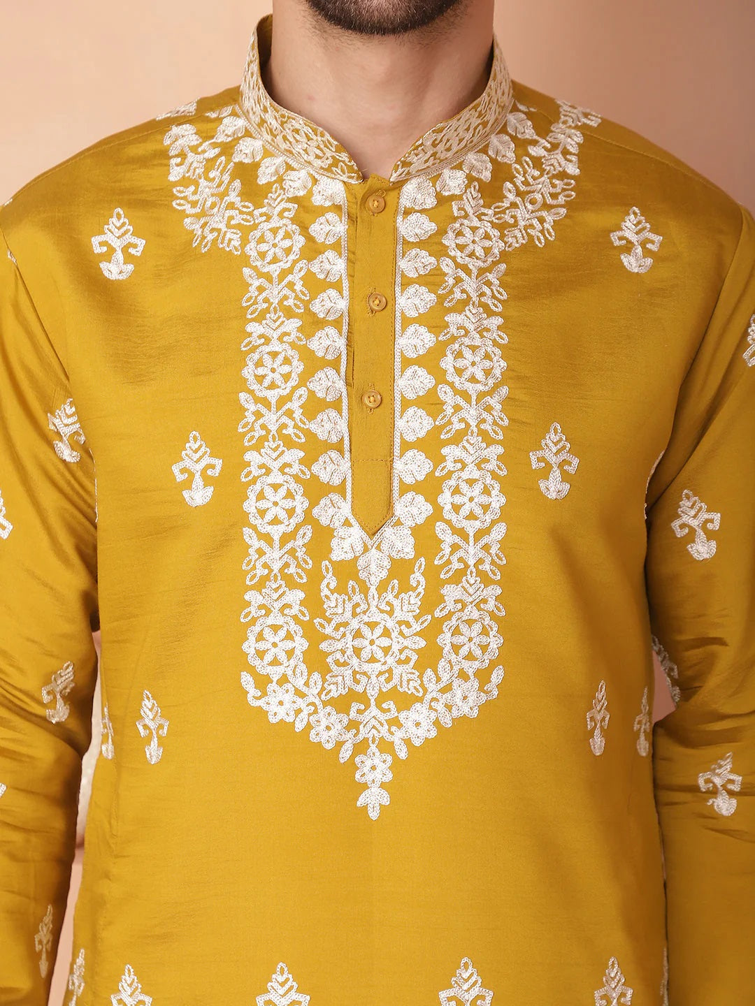 Men'S Mustard Chikankari Embroidered Kurtas