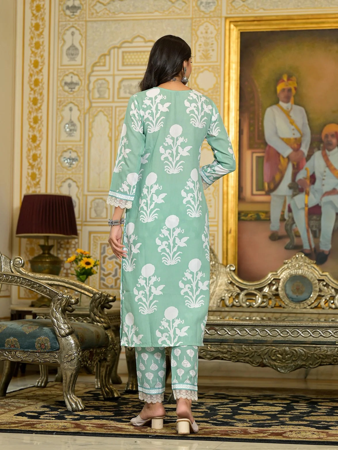 Women Party Wear Flower Printed Kurta With Pant And Dupatta Set (Pista Green)