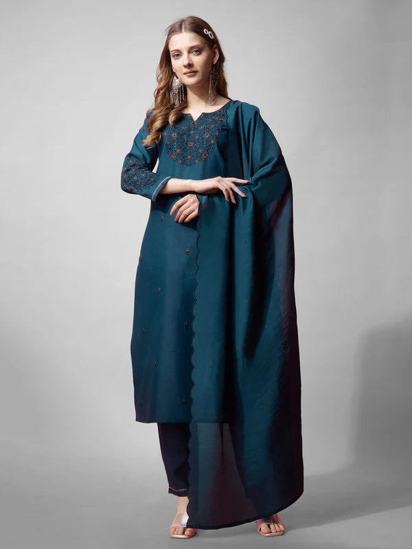 Womens Morpich Embroidered Cotton Blend Kurta Pant Set With Dupatta