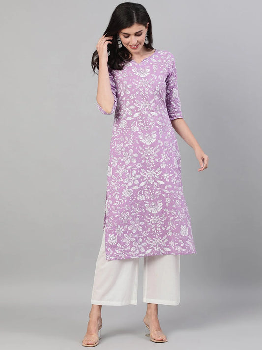 Women Lavender Calf Length Three-Quarter Sleeves Straight Floral Printed Cotton Kurta With Face Mask