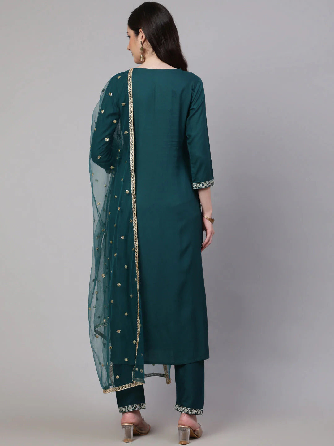 Women Green Embroidered Straight Kurta With Trouser And Net Dupatta