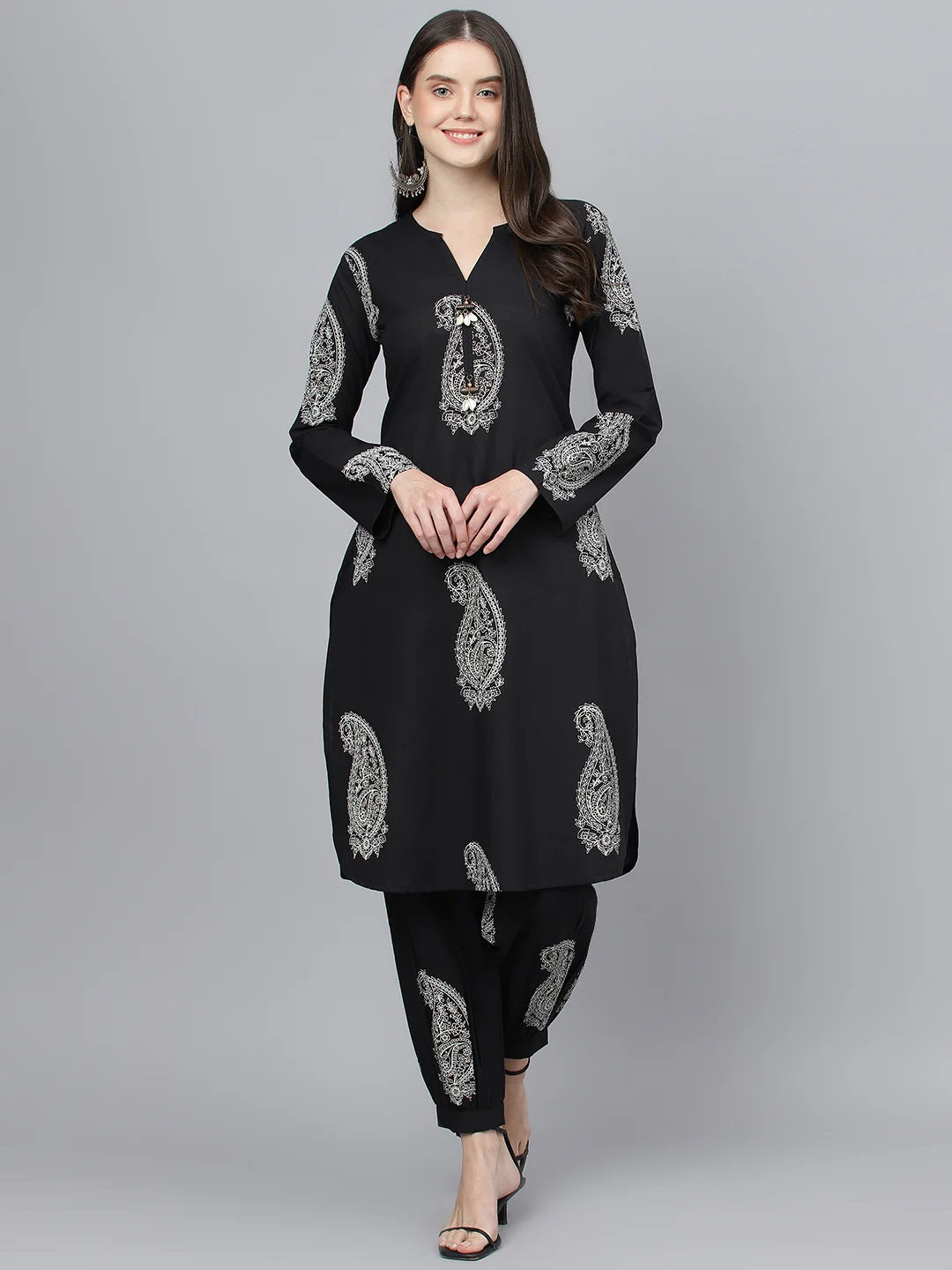 Women Black Cotton Straight Kurta Hem Cuffed Pant Set