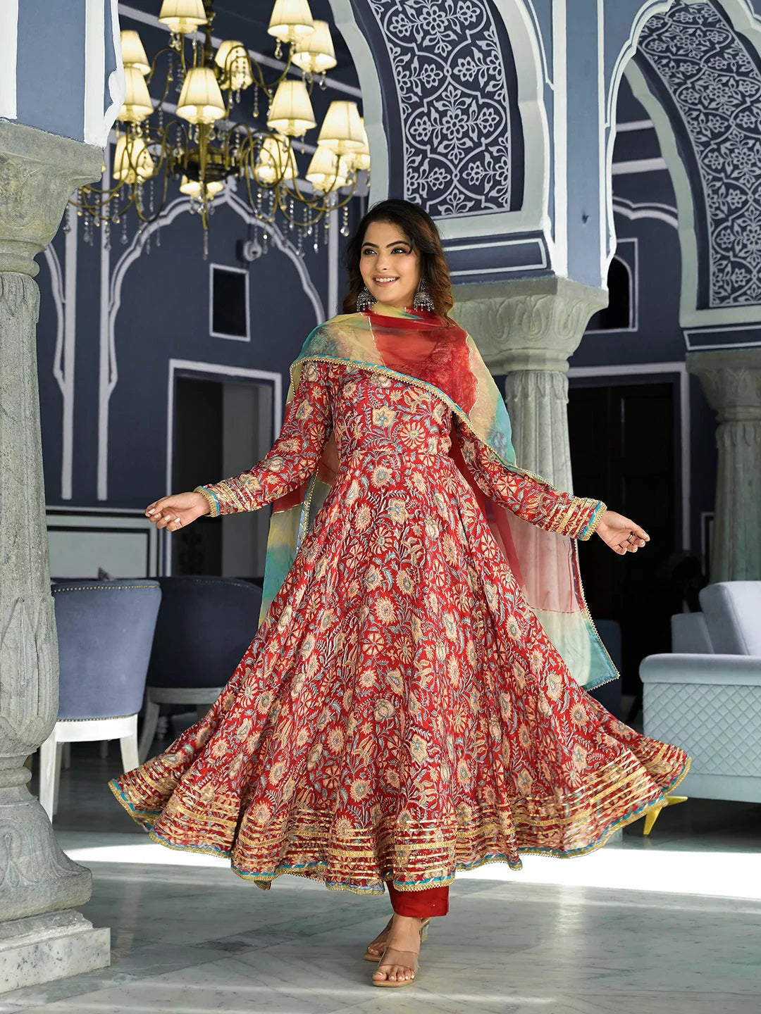 Red Floral Printed Anarkali Muslin Kurta Trouser With Dupatta Set