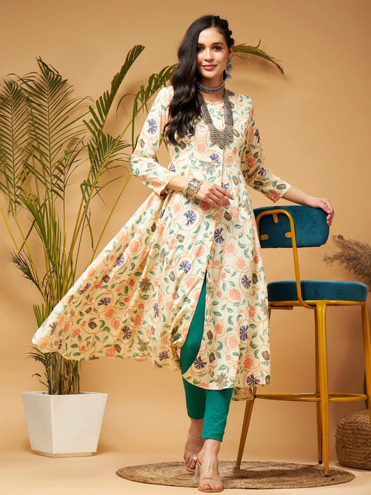 Women Beige floral Front Open Anarkali Kurta