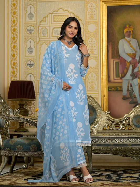 Women Party Wear Flower Printed Kurta With Pant And Dupatta Set (Sky Blue)