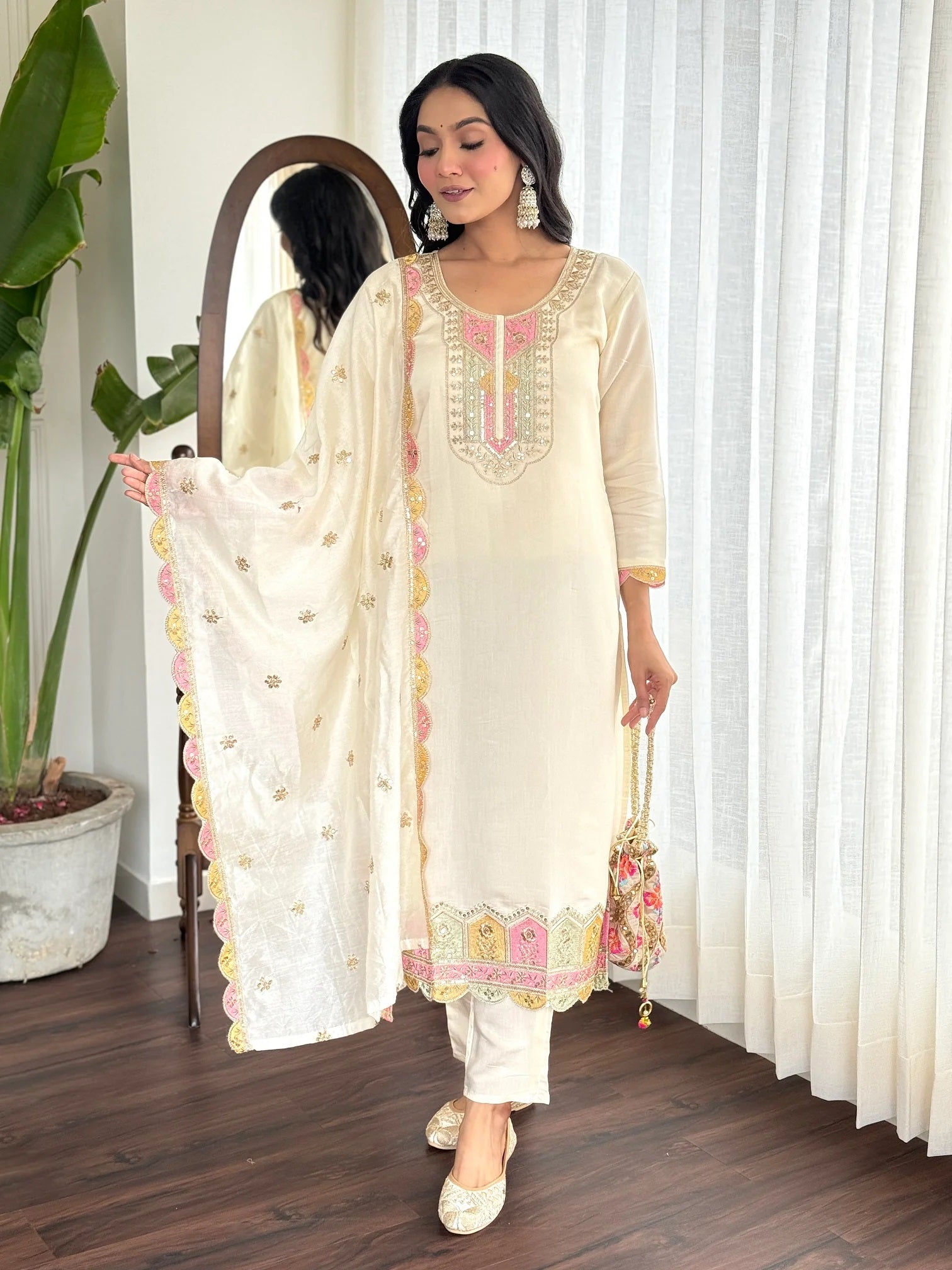 Women Party Wear Embroidery Worked Kurta With Pant And Dupatta Set (Off White)