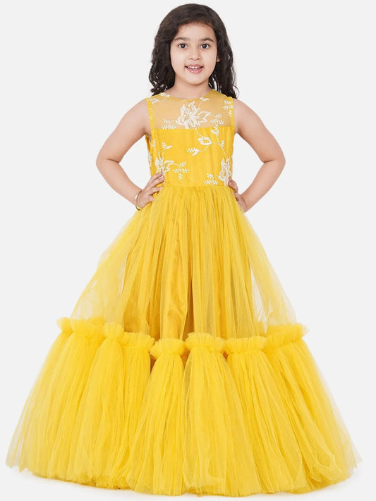 Girls Yellow Embellished Net Maxi Dress