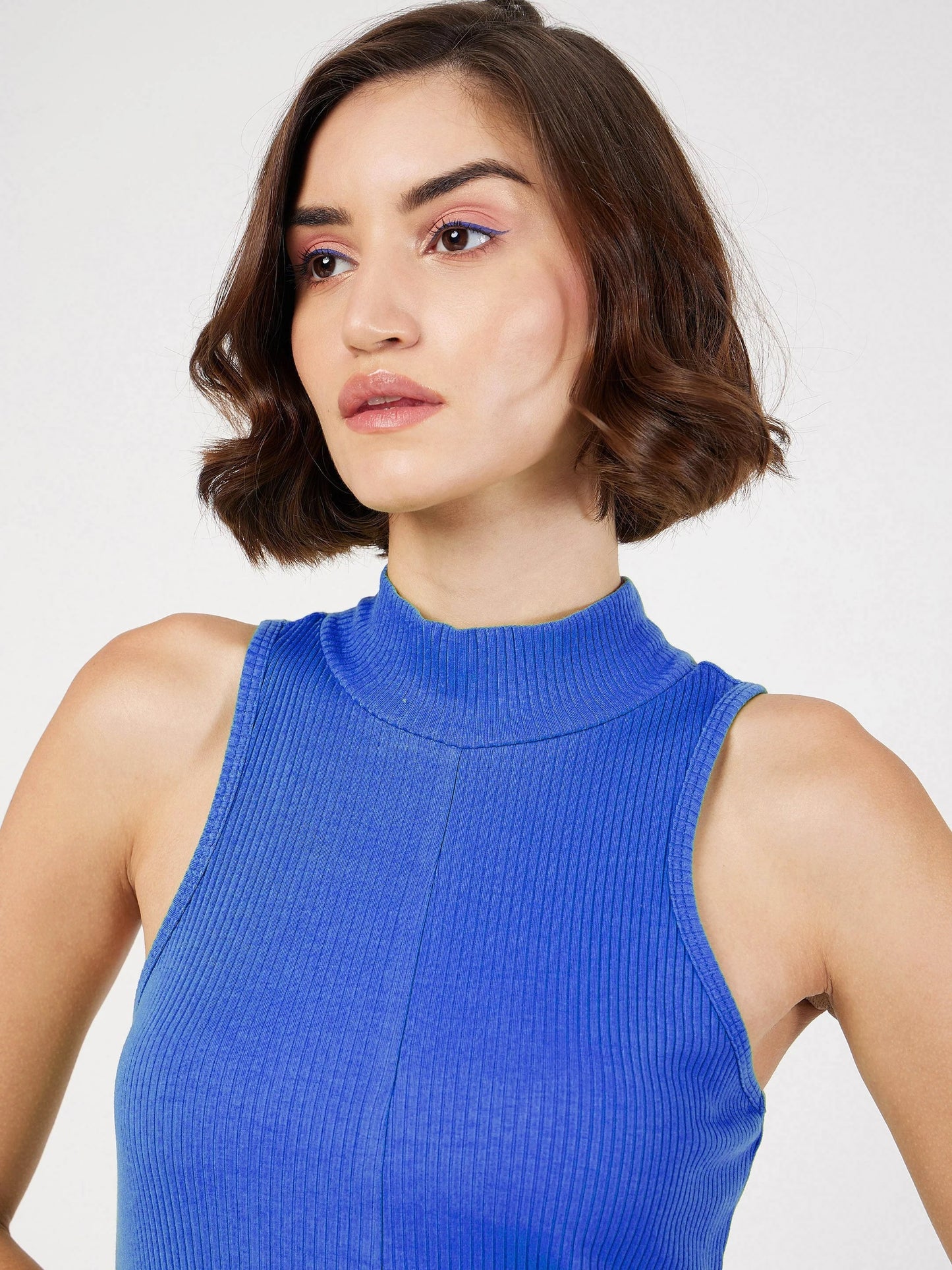 Women Royal Blue Rib Turtle Neck Sleeveless Midi Dress