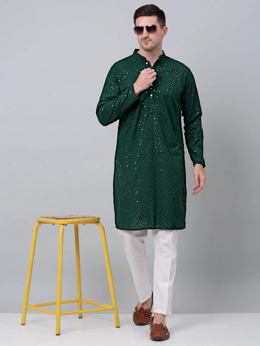 Men Olive Green Embroidered Sequinned Kurta With Churidar