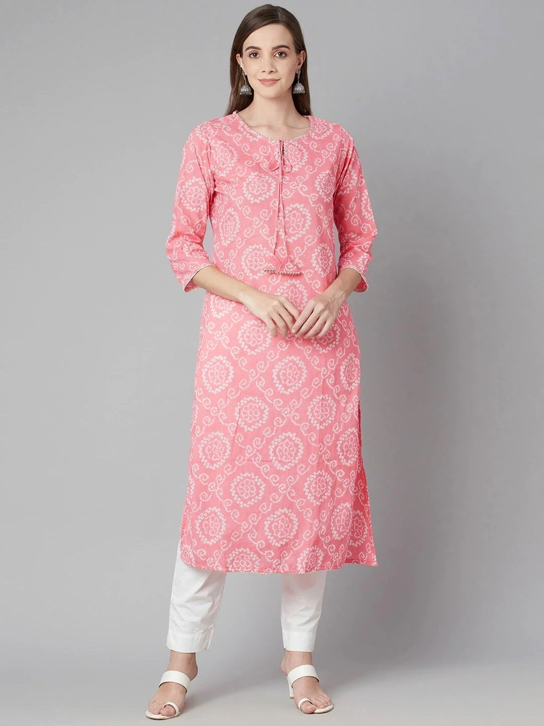 Women's Baby Pink Bandhej Straight Kurta