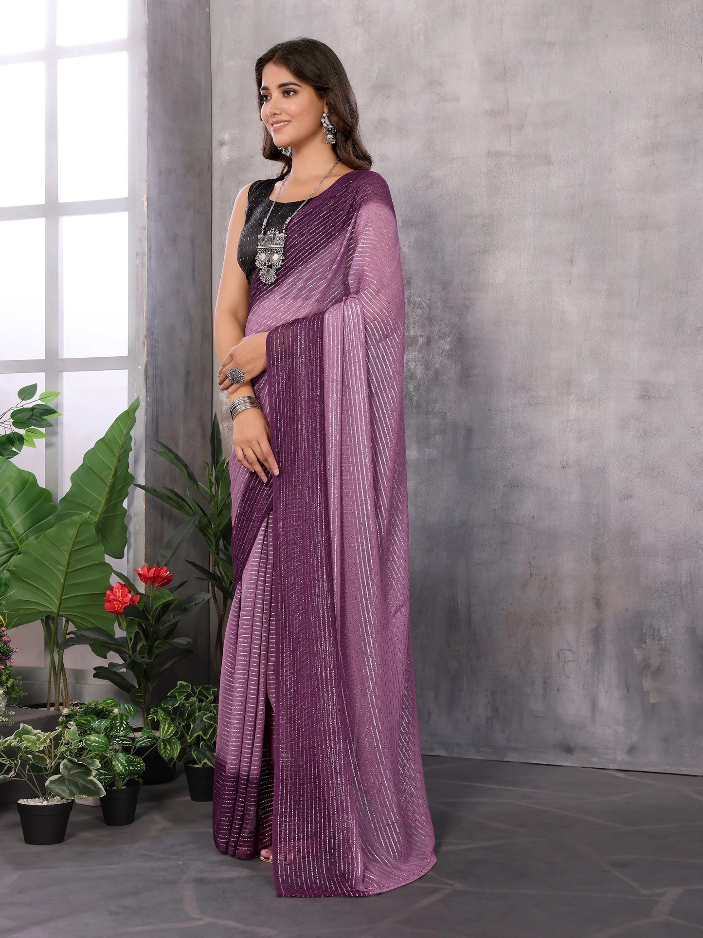 Women Party Wear Jari Weaving Worked Ready To Wear Saree With Un Stitched Blouse(Up To 44) Purple