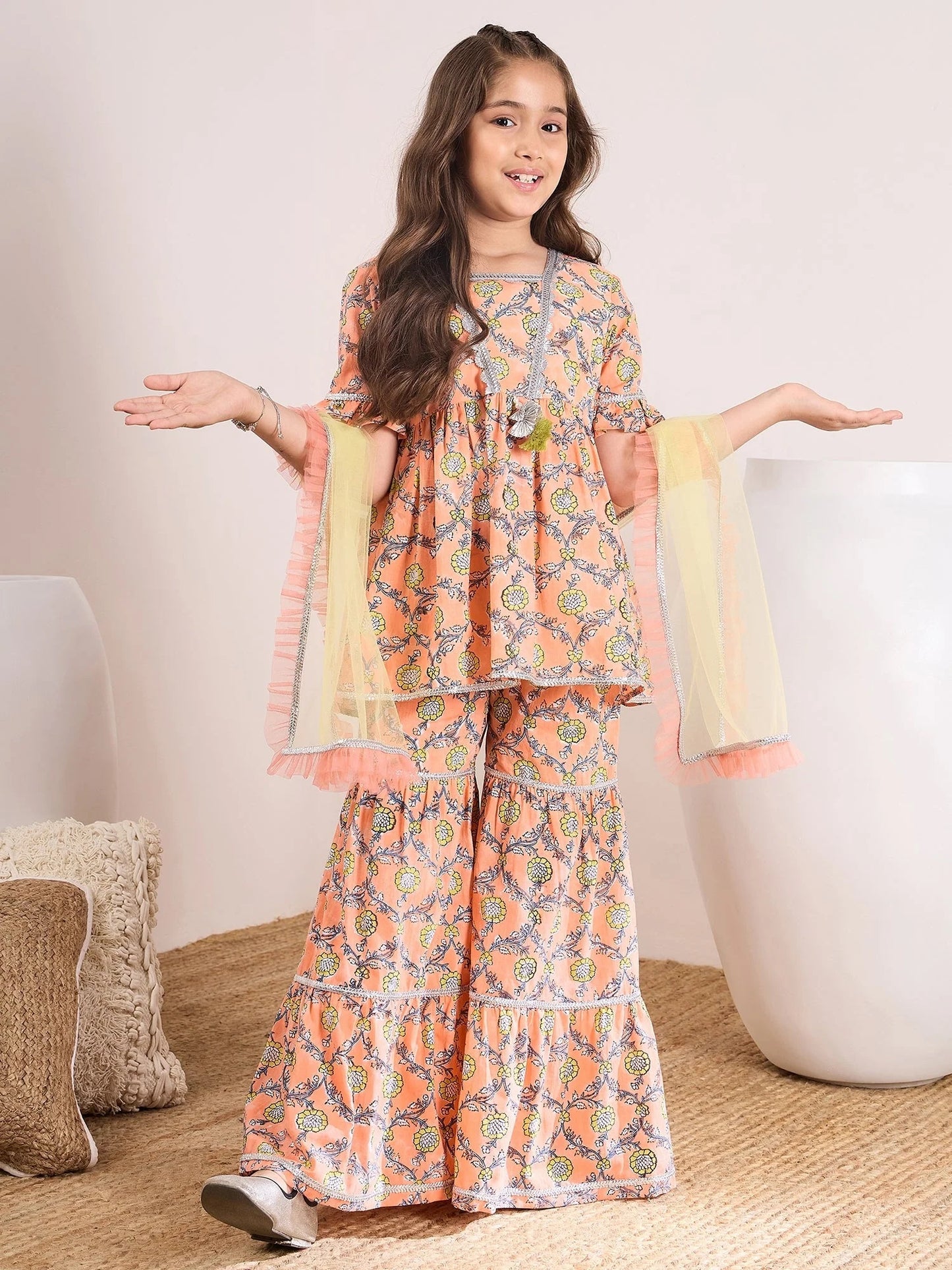 Girls Floral Printed Empire Kurti With Sharara & With Dupatta