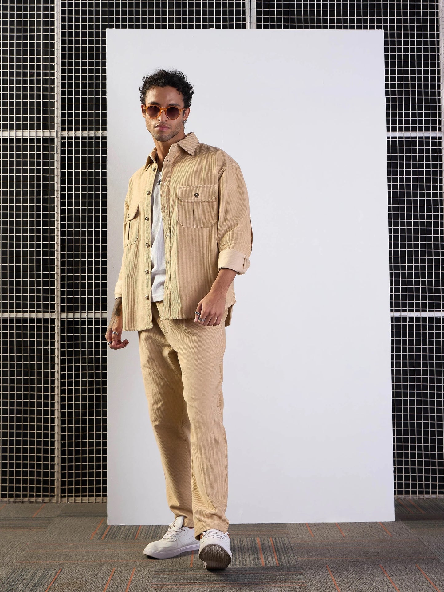 Men Beige Corduroy Elbow Patch Oversize Shirt