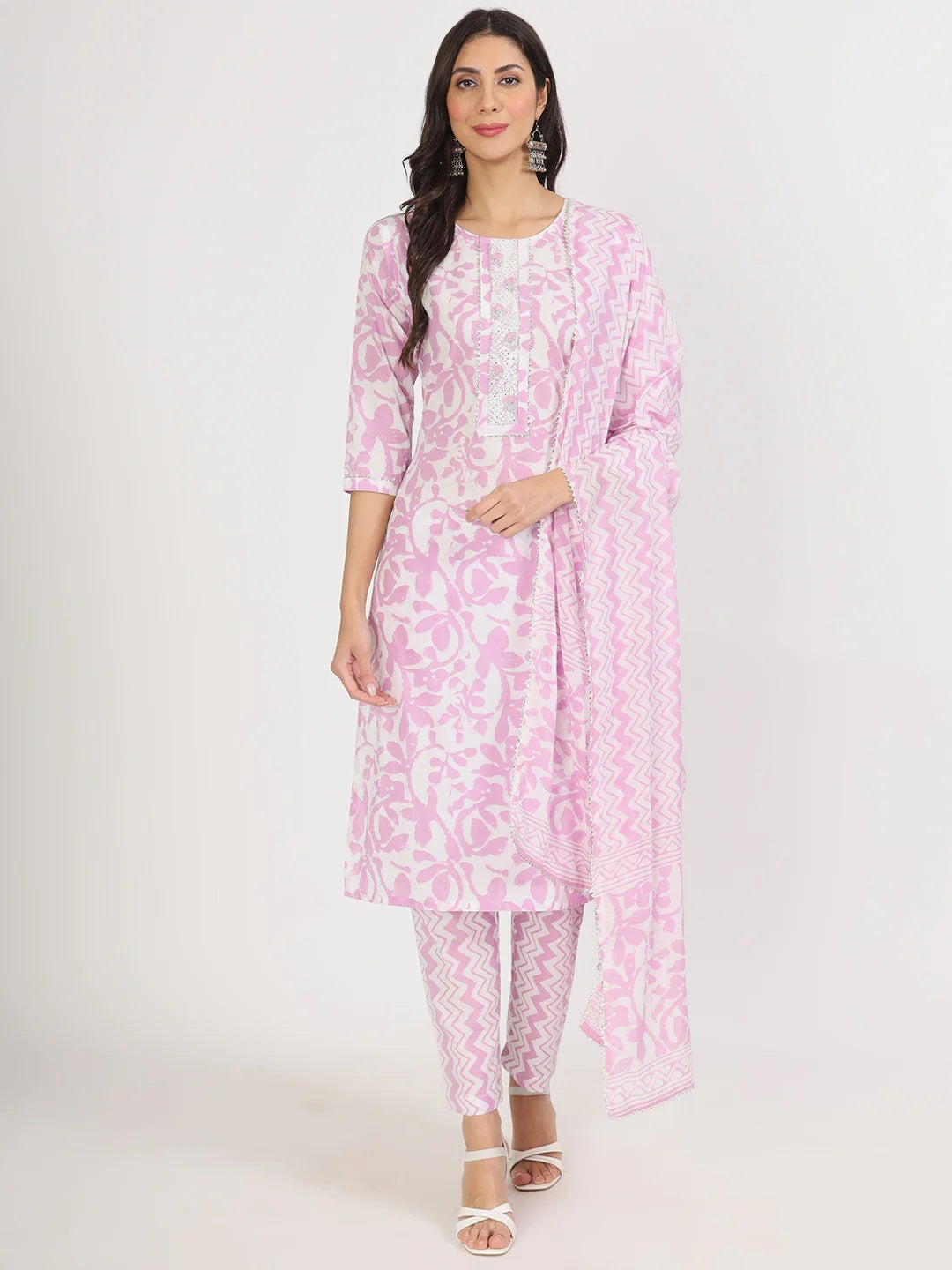 Purple Floral Print Cotton Kurta Pant With Dupatta Set For Women