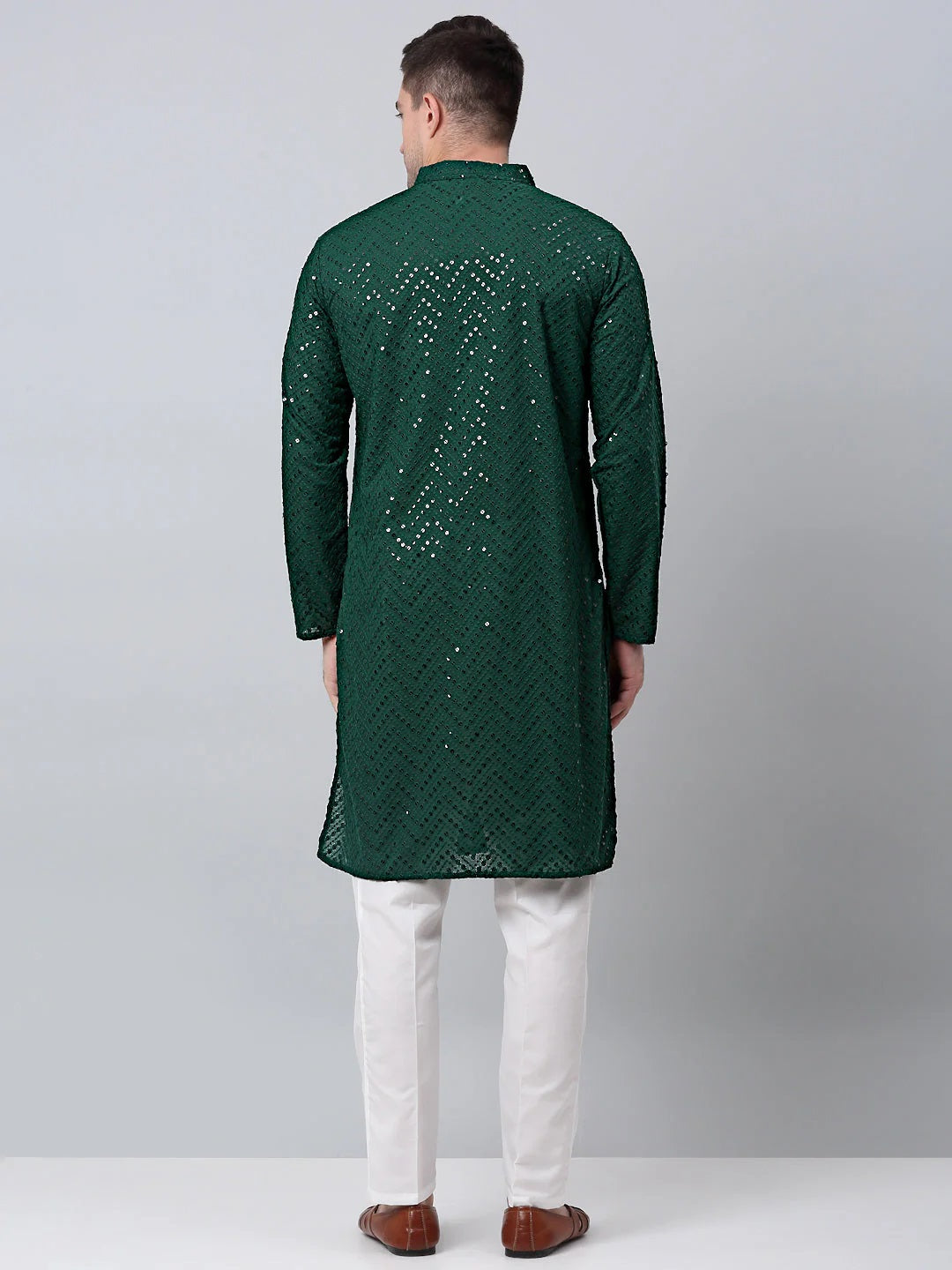 Men Olive Green Embroidered Sequinned Kurta With Churidar