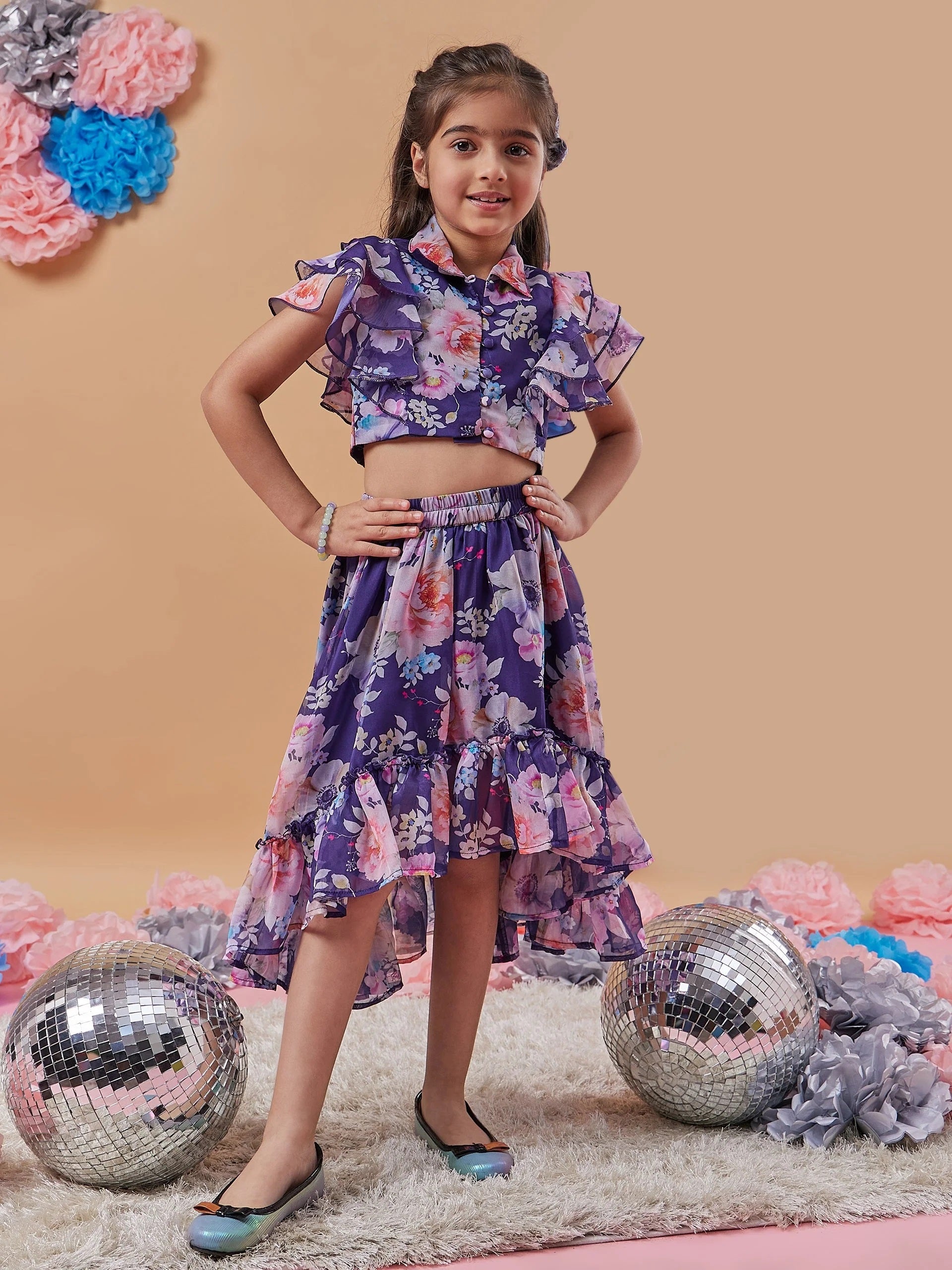 Girls Floral Printed Top With Skirt