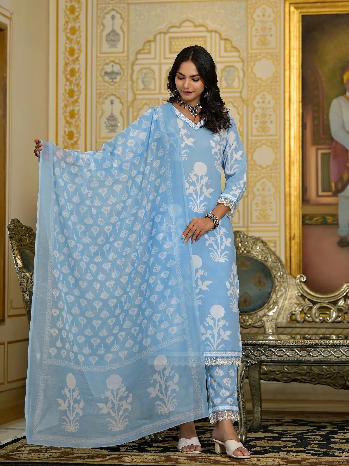 Women Party Wear Flower Printed Kurta With Pant And Dupatta Set (Sky Blue)