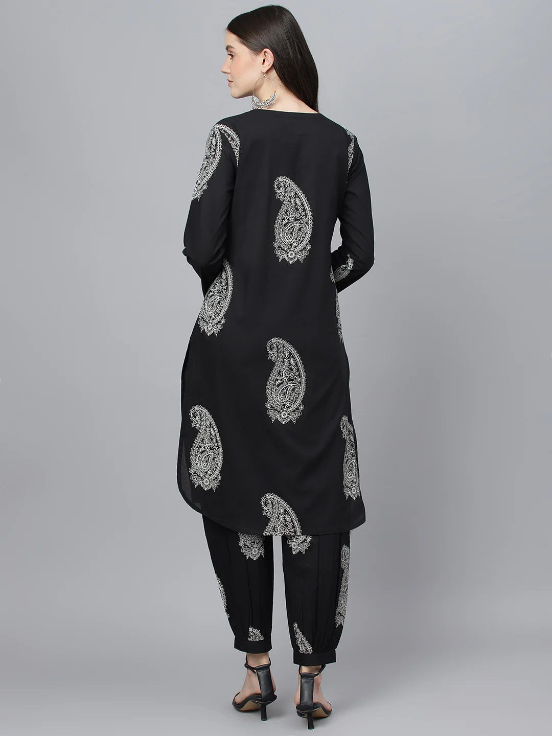 Women Black Cotton Straight Kurta Hem Cuffed Pant Set