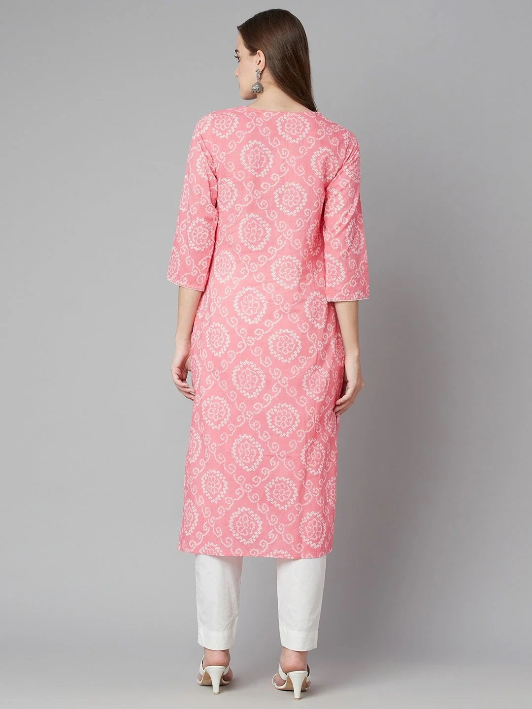 Women's Baby Pink Bandhej Straight Kurta