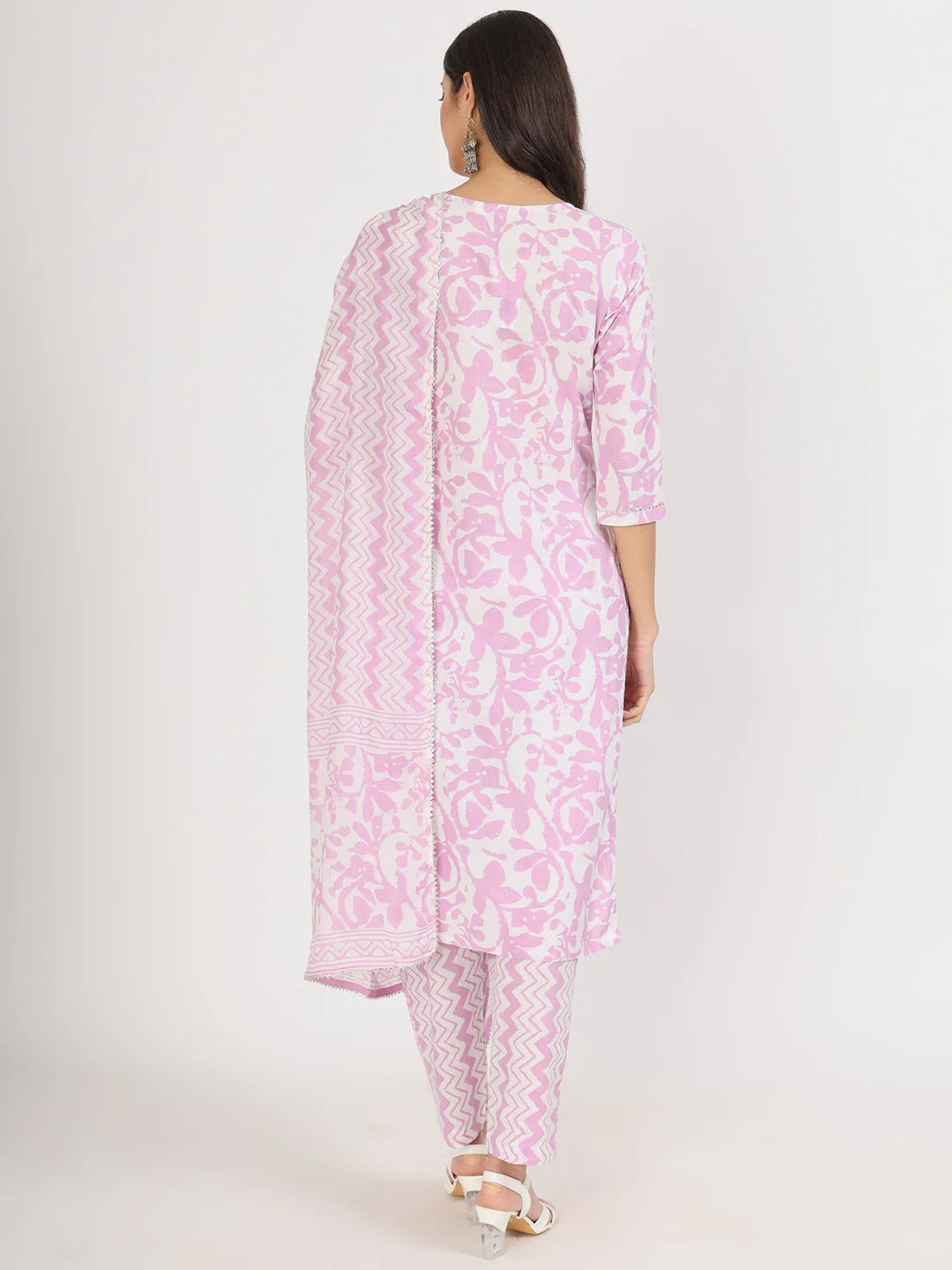 Purple Floral Print Cotton Kurta Pant With Dupatta Set For Women