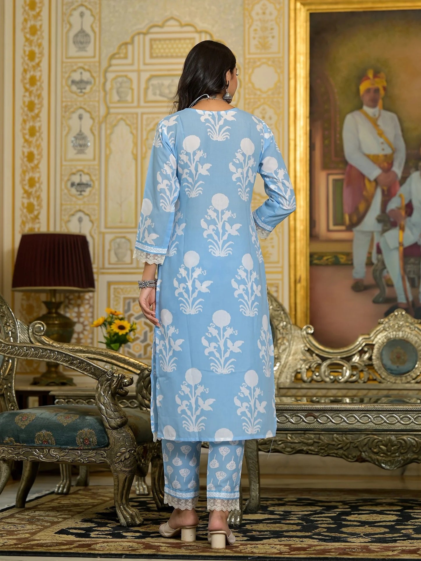 Women Party Wear Flower Printed Kurta With Pant And Dupatta Set (Sky Blue)