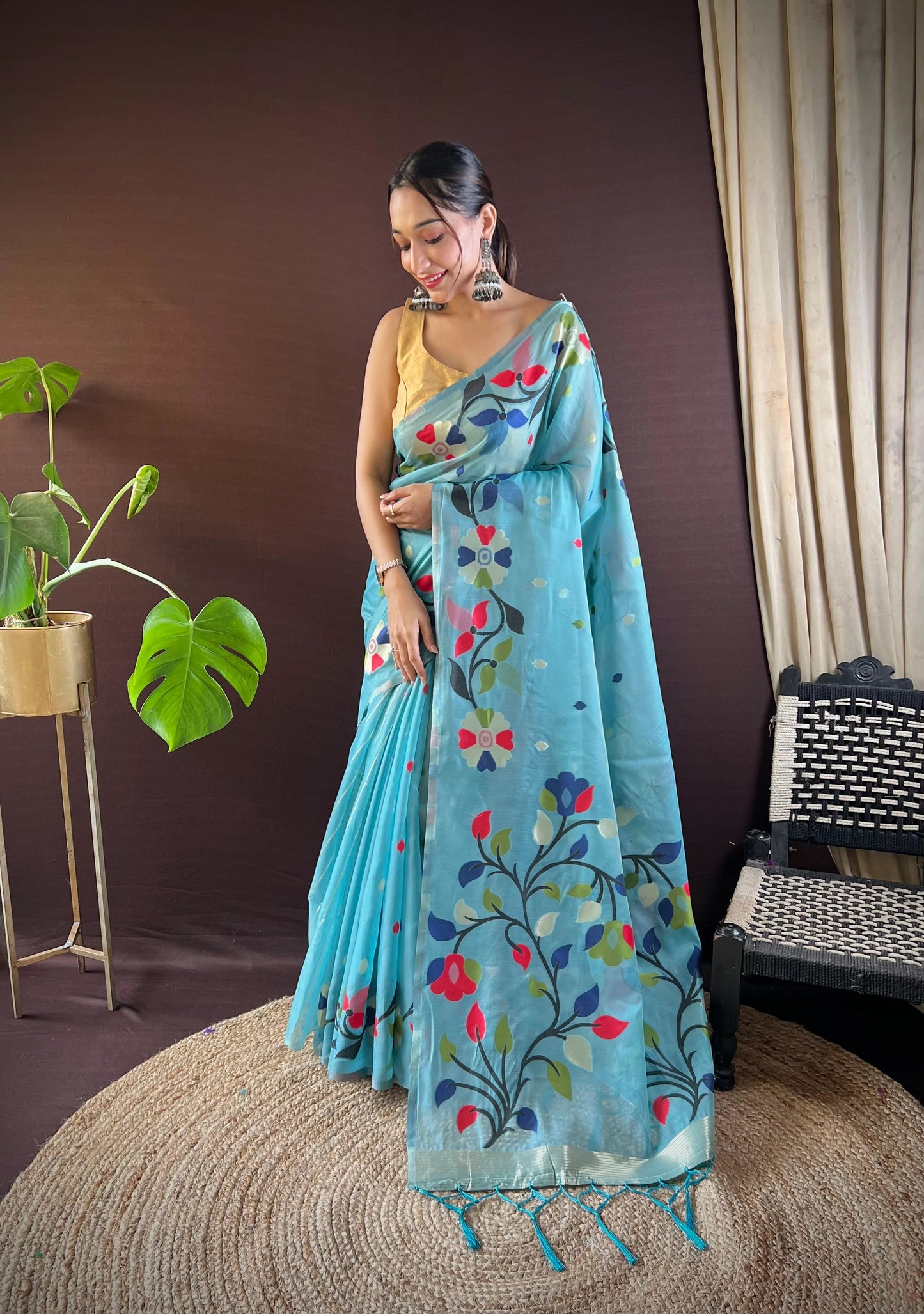 Women Party Wear Handloom Weaving Work Soft Cotton Saree With Un Stitched Blouse (SKY BLUE)