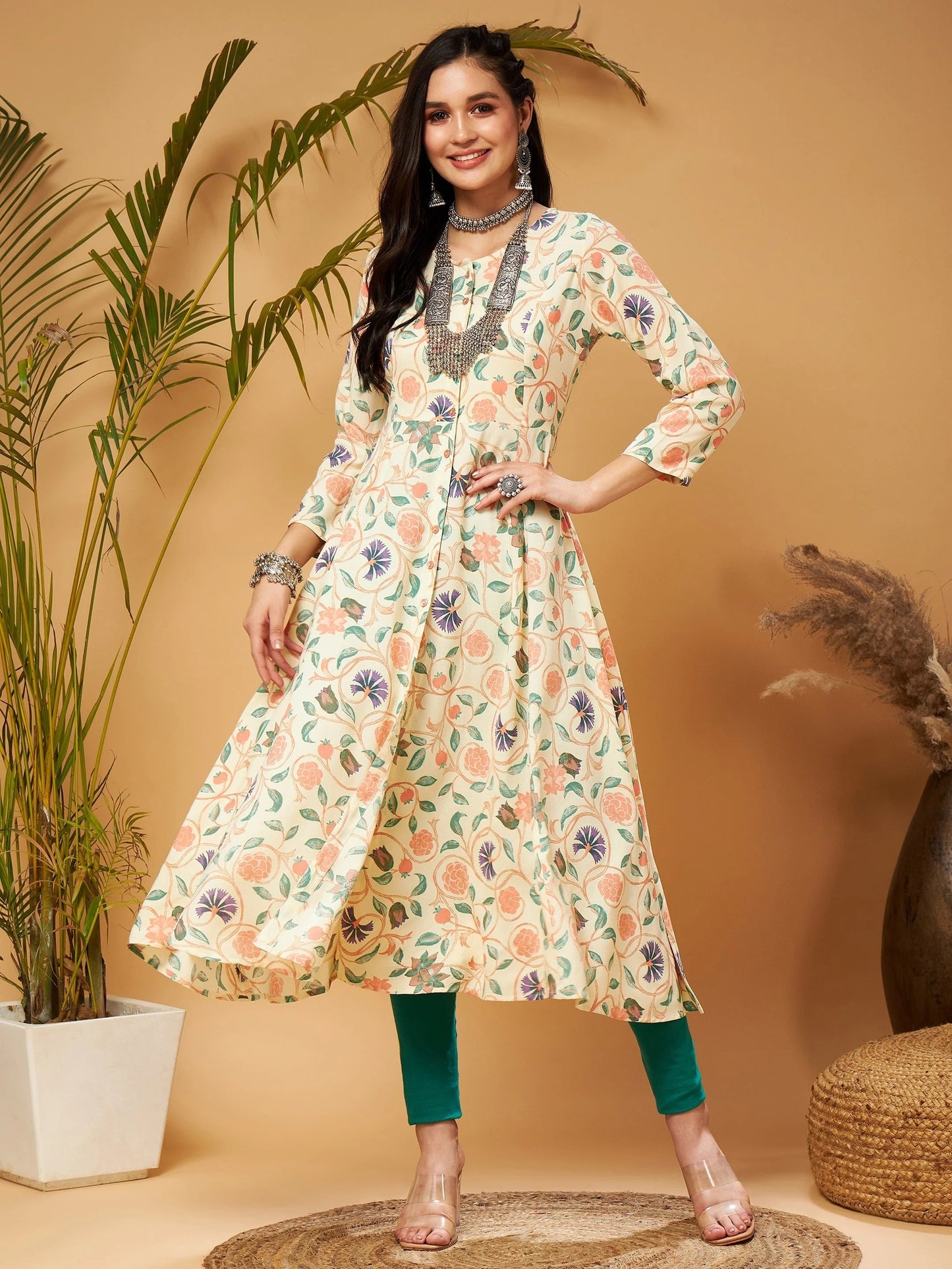 Women Beige floral Front Open Anarkali Kurta