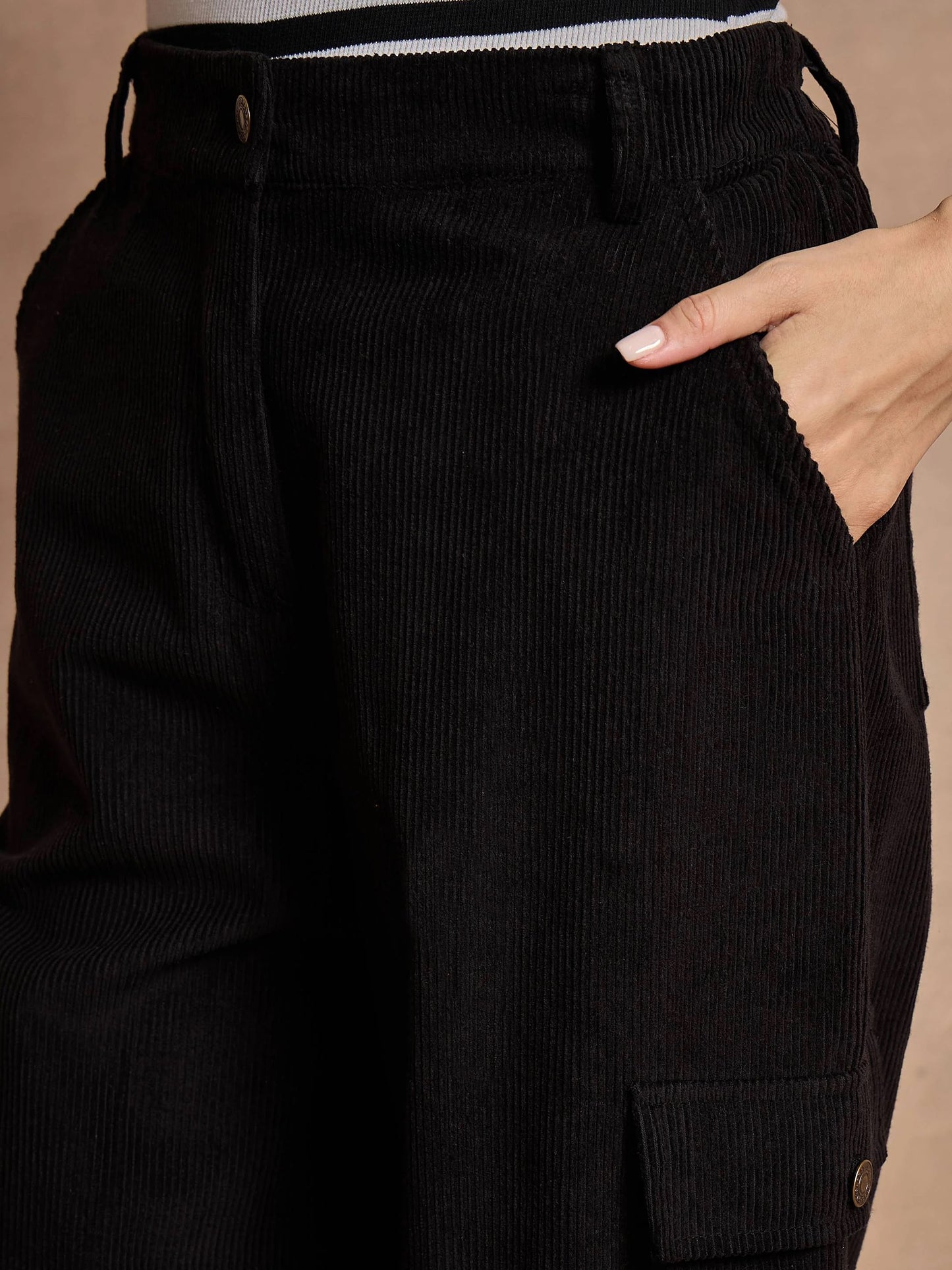 Women Black Corduroy Straight fit Cargo Pants