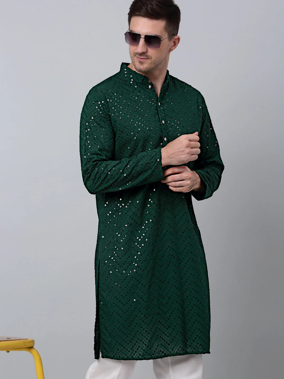 Men Olive Green Embroidered Sequinned Kurta With Churidar